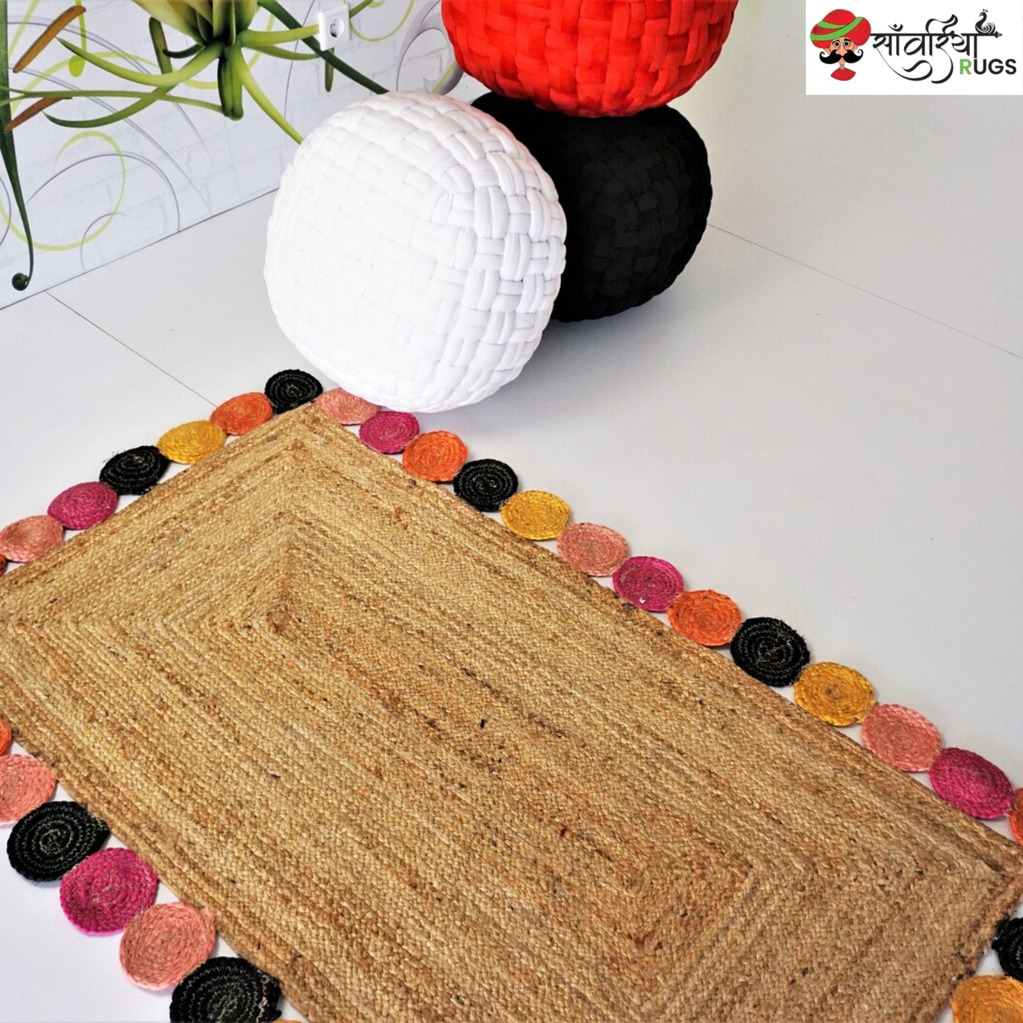 Handmade Natural Jute Braided Rug with Colorful Scalloped Edges