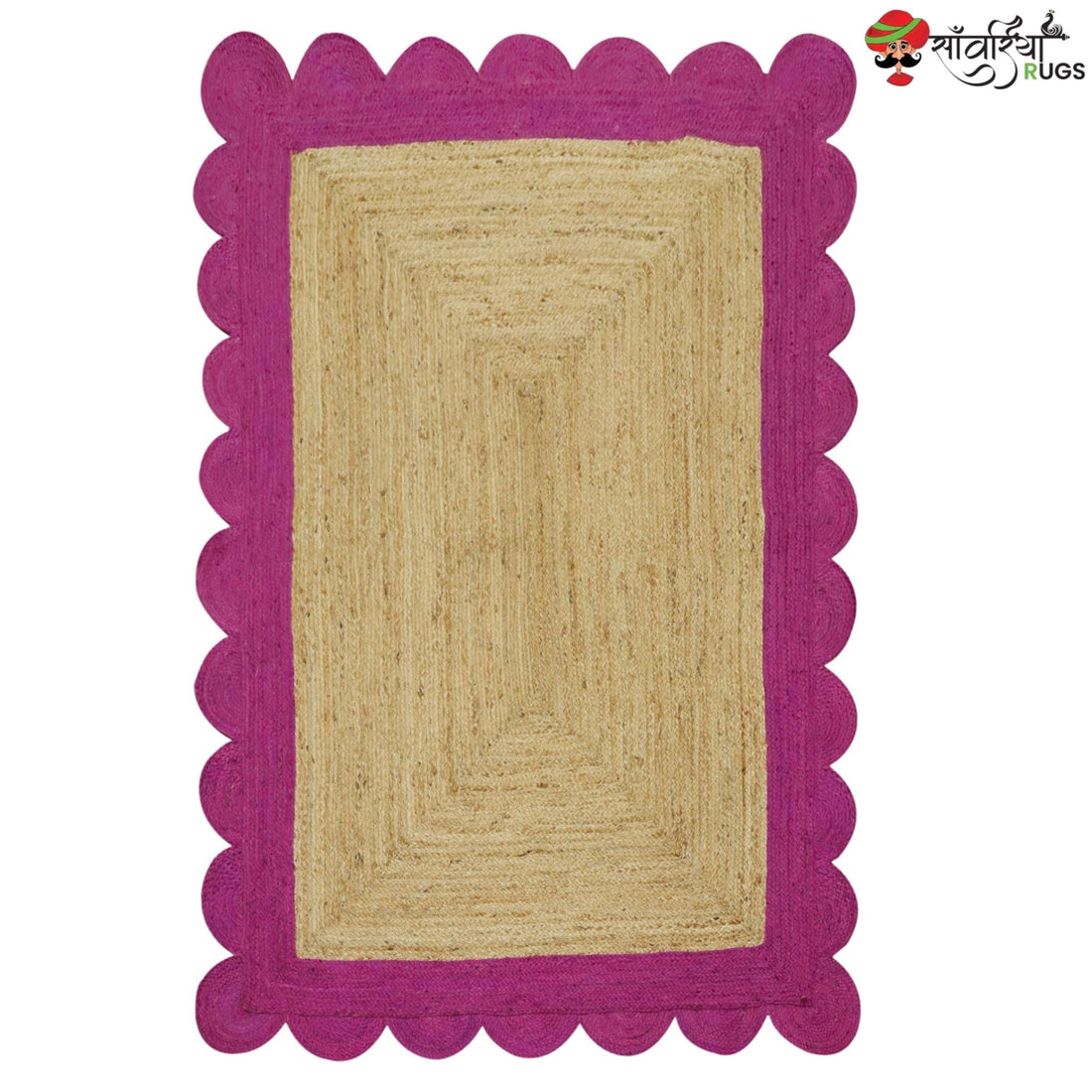 Braided Scalloped Edge Jute Rug – Natural Beige with Multicolor Border