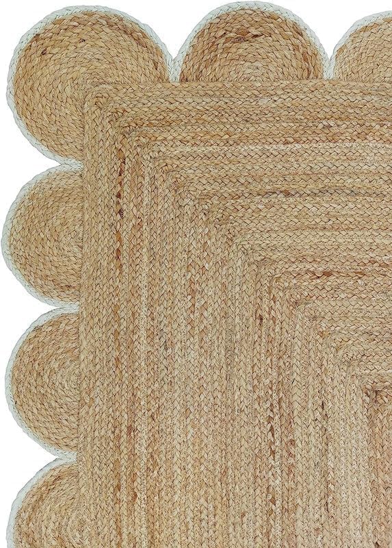 Handwoven Jute Rug – Scalloped Edge Rectangular Braided Decorative Rug