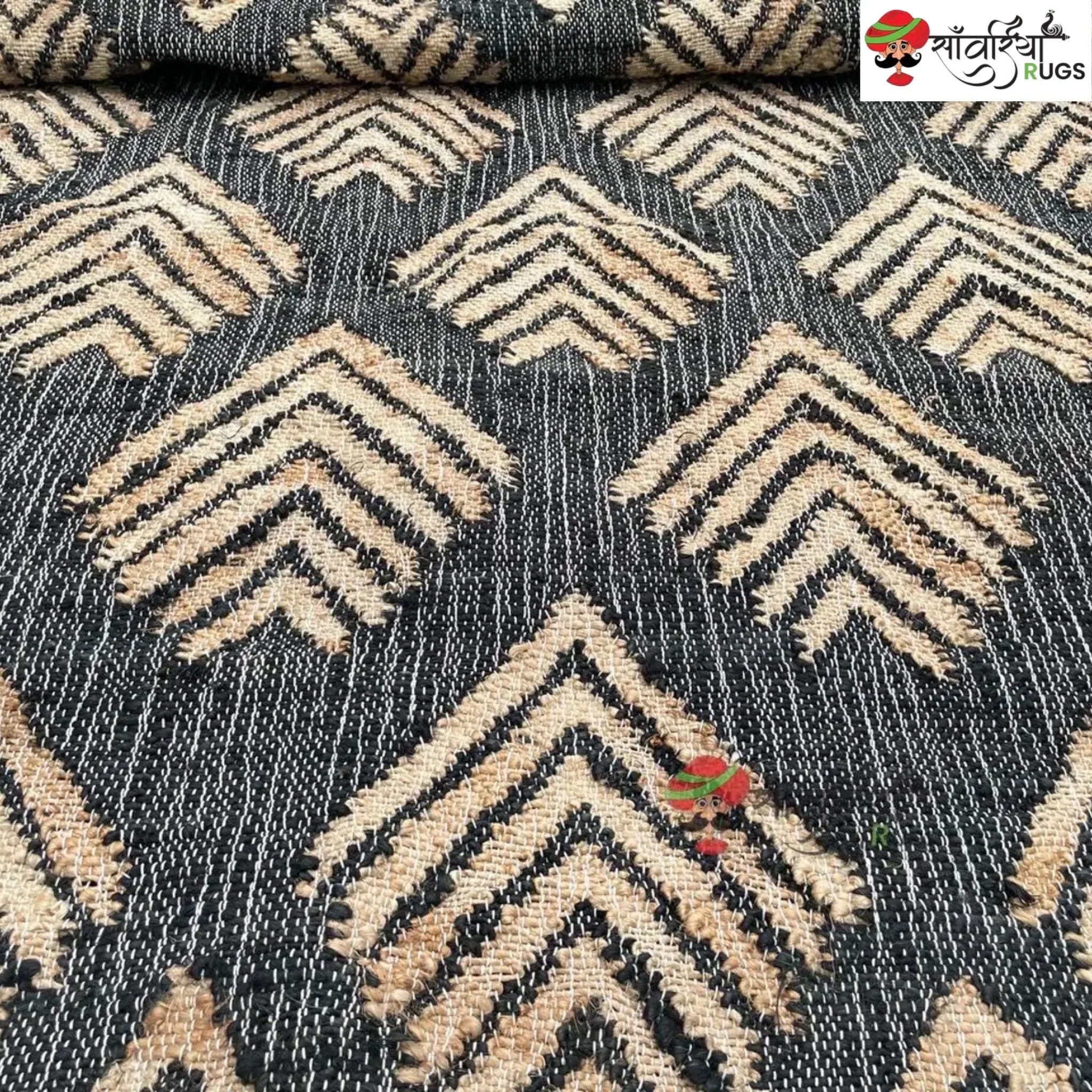 Handmade Black Geometric Jute Cotton Boho Rug