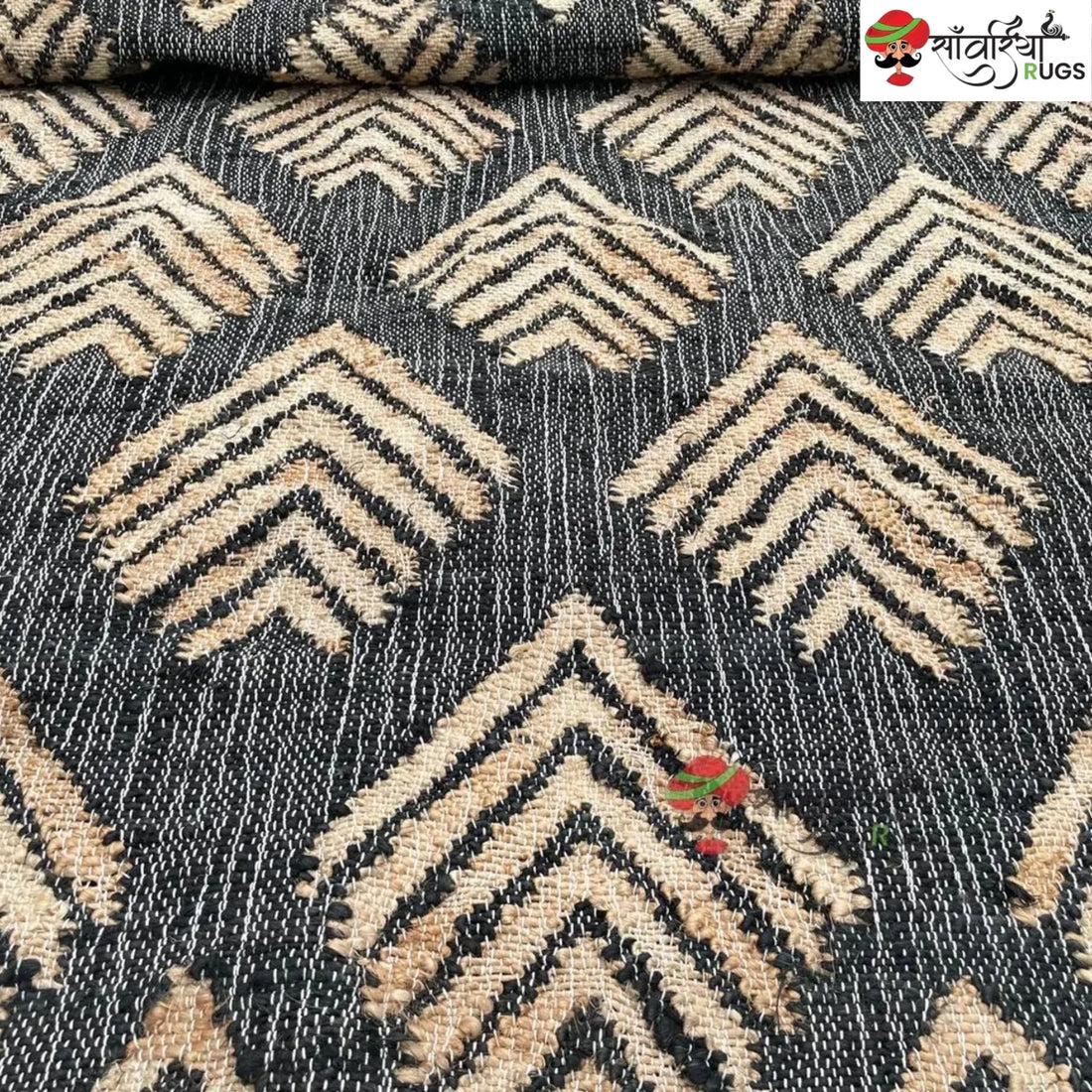 Handmade Black Geometric Jute Cotton Boho Rug