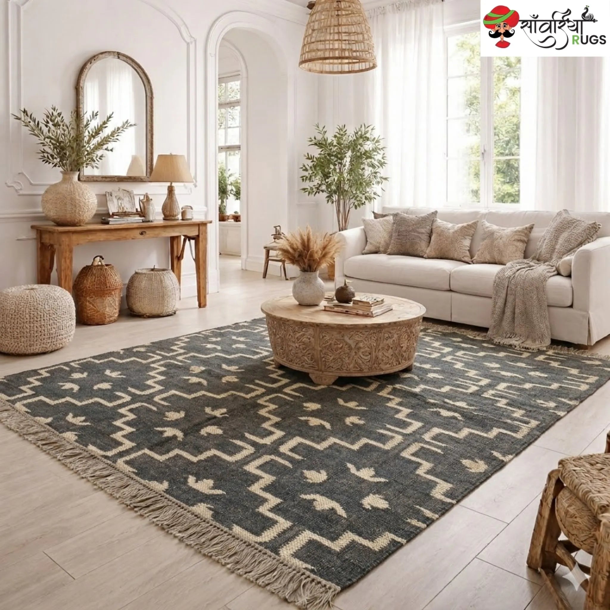 Handwoven Green Checked Kilim Rug – Wool Jute Area Rug