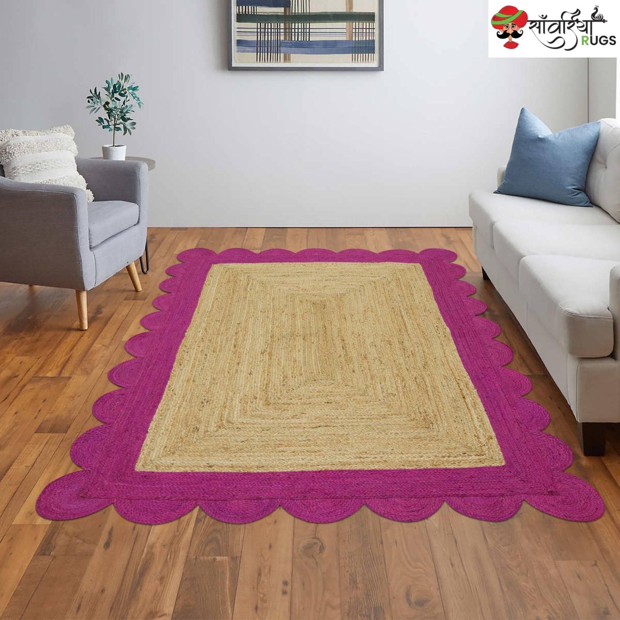Braided Scalloped Edge Jute Rug – Natural Beige with Multicolor Border