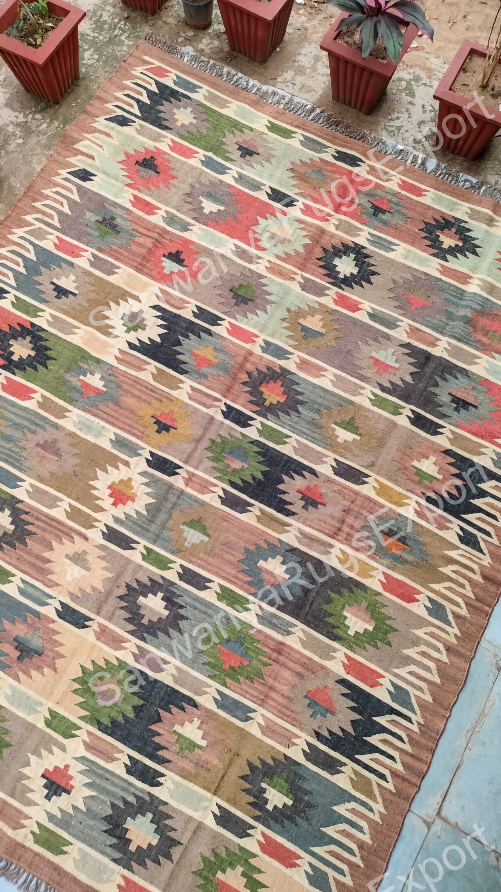 a colorful, patterned rug with a geometric design in shades of red, green, blue, and brown. The rug is placed on a tiled floor, and there are several potted plants in the background.