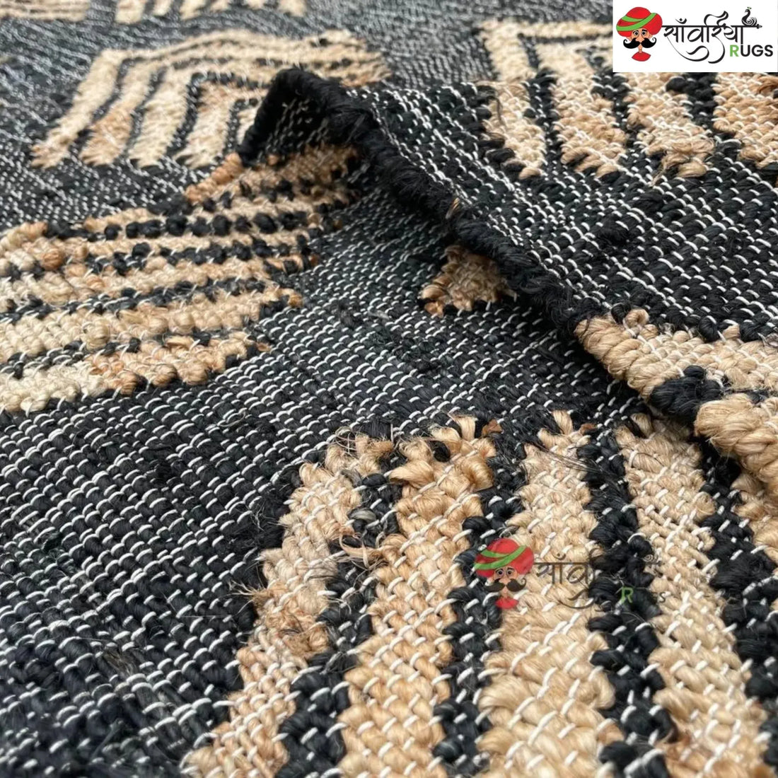 Handmade Black Geometric Jute Cotton Boho Rug