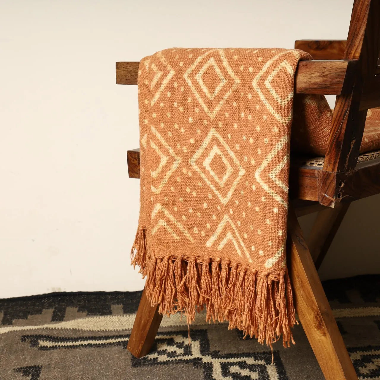 Burnt Orange Geometric Throw Blanket with Fringe | Sanwariya Rugs