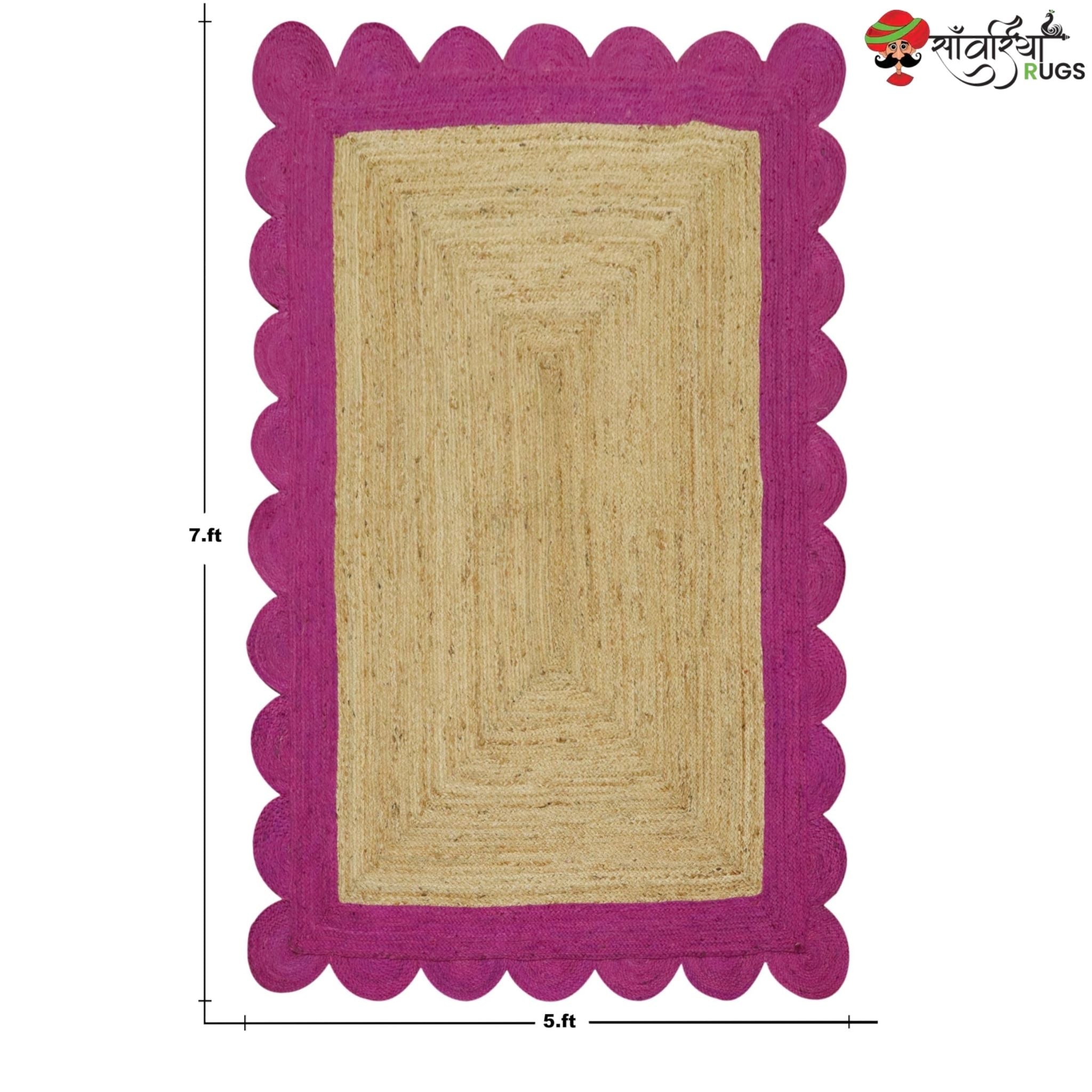 Braided Scalloped Edge Jute Rug – Natural Beige with Multicolor Border