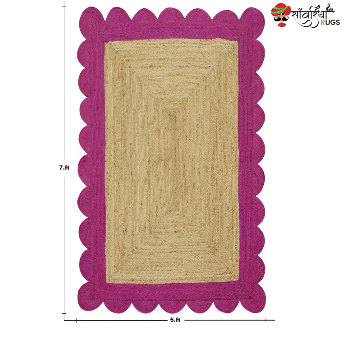 Braided Scalloped Edge Jute Rug – Natural Beige with Multicolor Border
