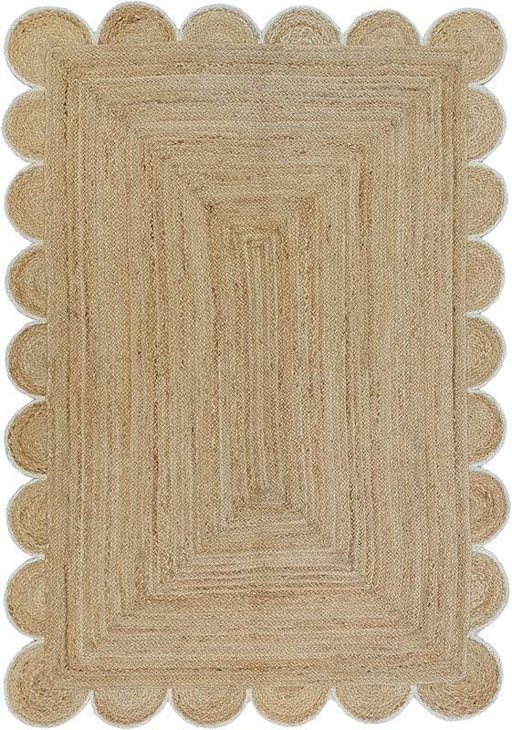 Handwoven Jute Rug – Scalloped Edge Rectangular Braided Decorative Rug