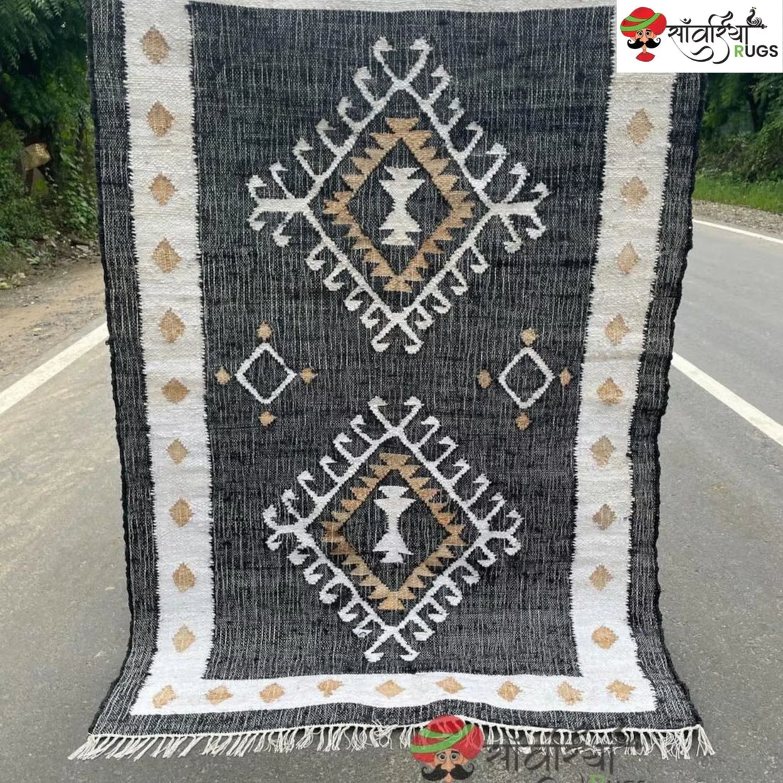Handmade Black White Jute Cotton Boho Geometric Rug