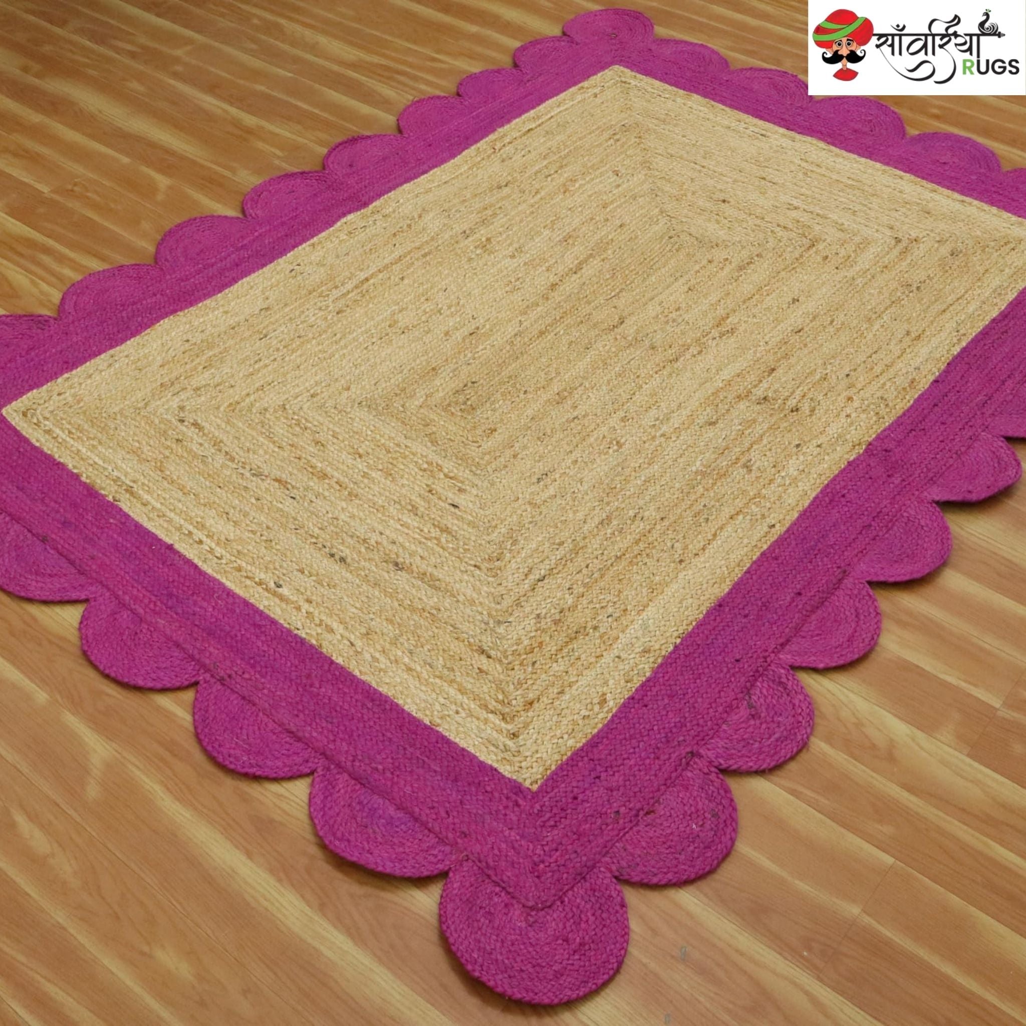 Braided Scalloped Edge Jute Rug – Natural Beige with Multicolor Border