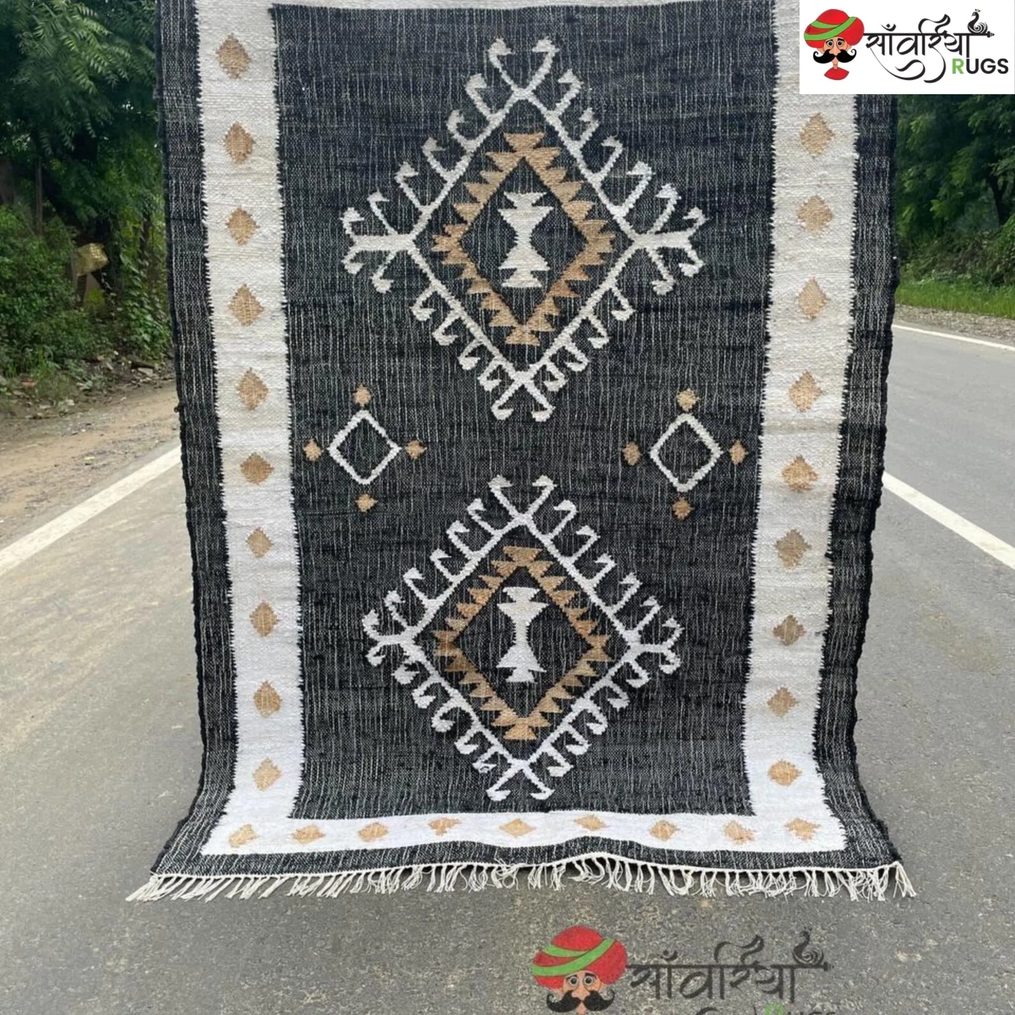 Handmade Black White Jute Cotton Boho Geometric Rug