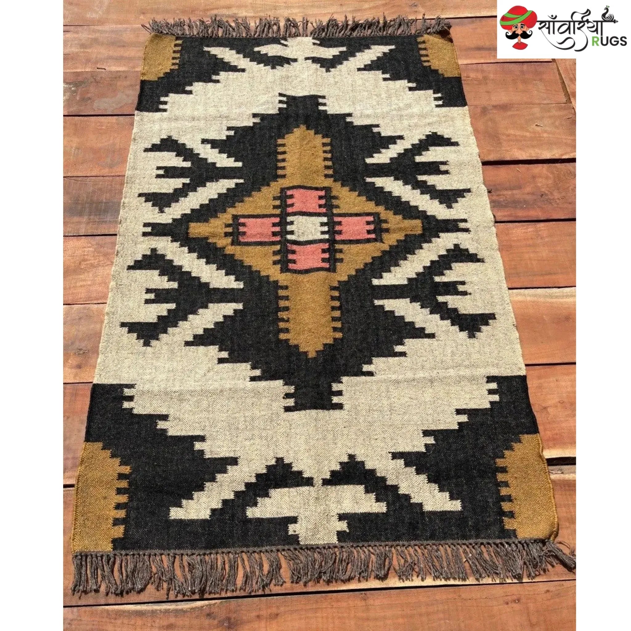 Boho Kilim Rug – Handwoven Wool Jute Beige Black Geometric Tribal Area Rug