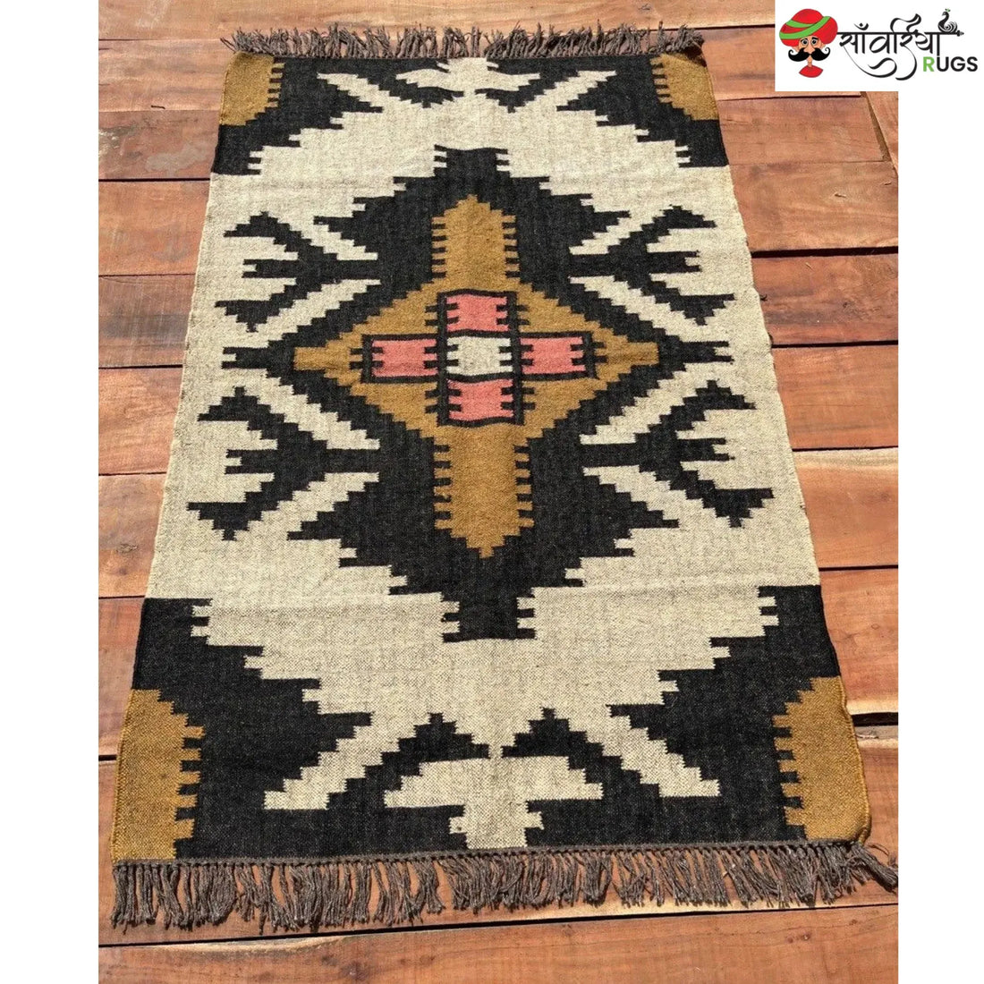 Boho Kilim Rug – Handwoven Wool Jute Beige Black Geometric Tribal Area Rug