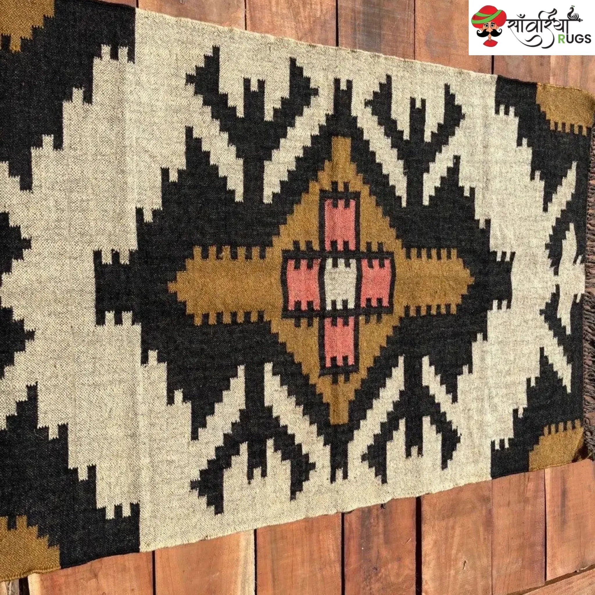 Boho Kilim Rug – Handwoven Wool Jute Beige Black Geometric Tribal Area Rug