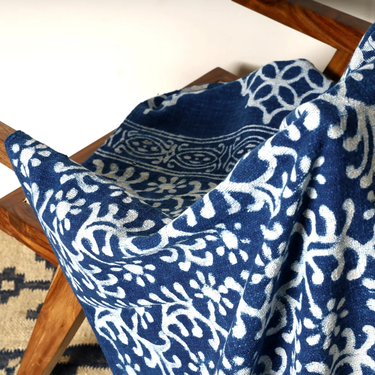 Sanwariya Rugs Cotton Throw Blanket, Indigo Floral Medallion 50 x 70 Inch