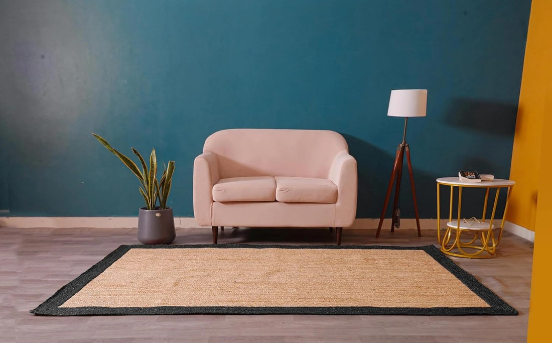 Beige Jute Braided Rectangle Rug with Multicolor Border – Handmade Natural Fiber Area Rug for Home Decor