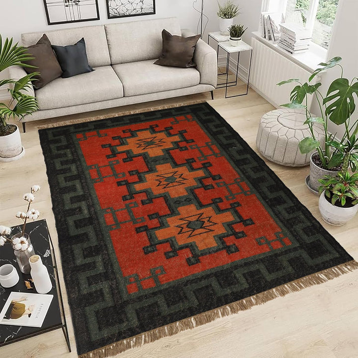 Handwoven Kilim Wool Jute Rug Geometric Pattern, Non-Slip, Versatile for Living, Bedroom & Kids Room