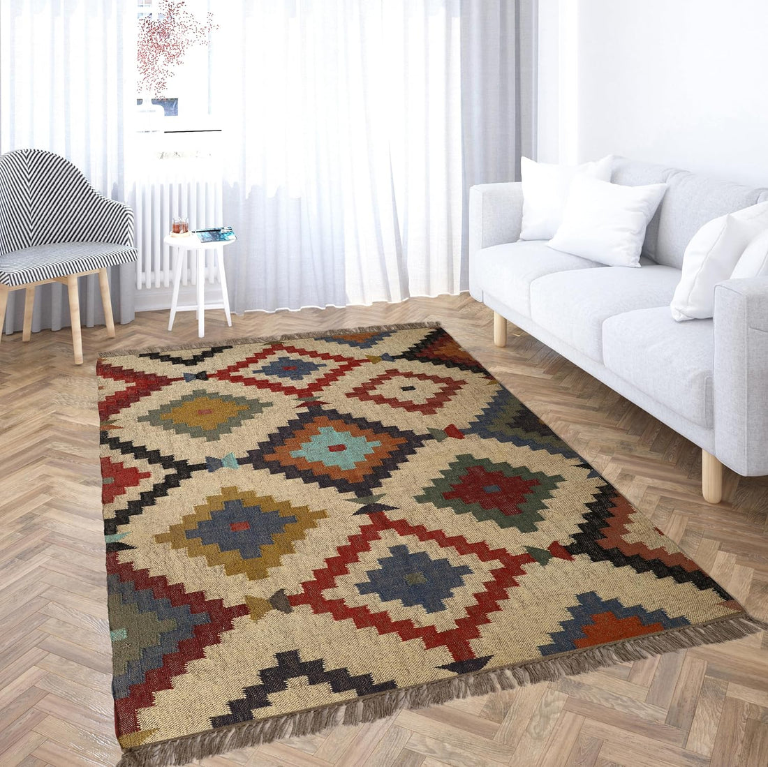 Handwoven Kilim Wool Jute Rug Geometric Pattern, Non-Slip, Versatile for Living, Bedroom & Kids Room