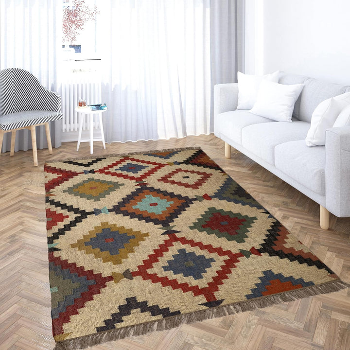 Handwoven Kilim Wool Jute Rug Geometric Pattern, Non-Slip, Versatile for Living, Bedroom & Kids Room
