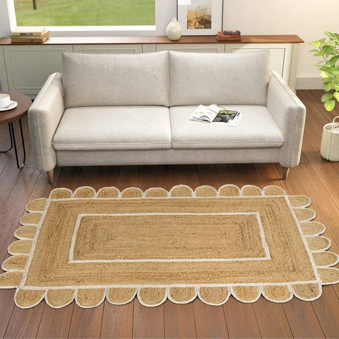 Scalloped Handmade Natura braided l Jute with white  border Rectangle rugs and runner