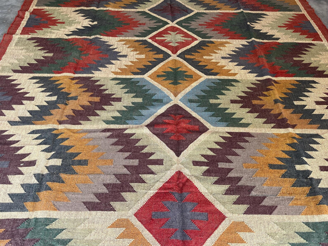 Handwoven Wool & Jute Kilim Rug – Traditional Indian Dhurrie