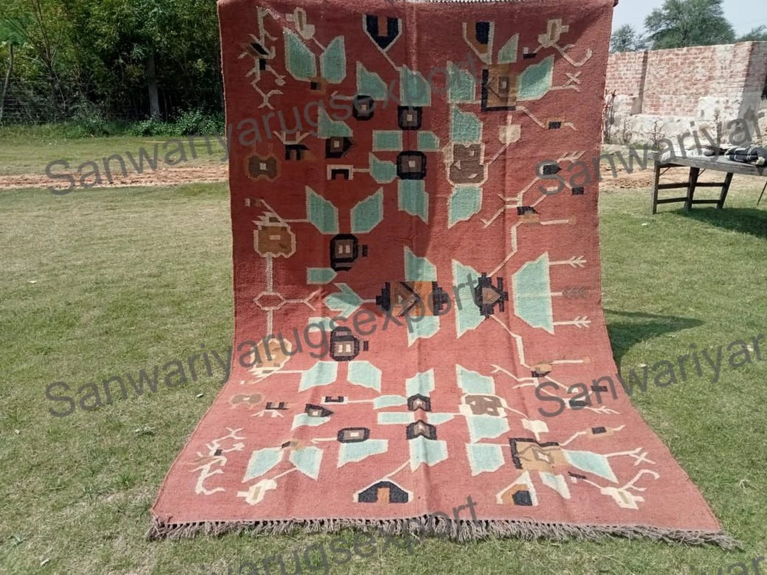 Handmade KILIM Rug, Multicolor; Jute Rug; Kilim Dhurrie; Traditional Indian; Chic, Victorian, Hipster; Custom Sizes FREE SHIPPING