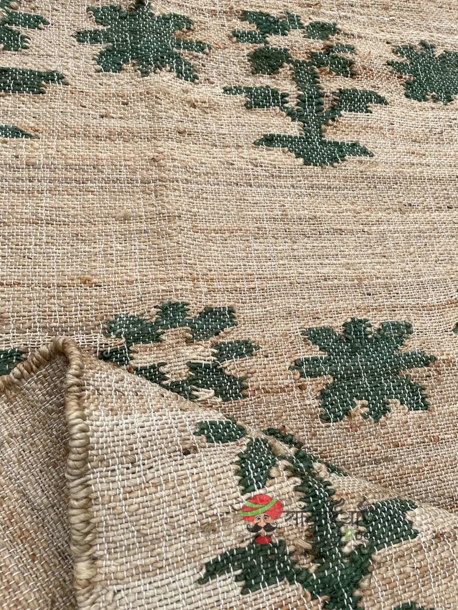 Rustic Natural Jute Flatweave Rug with Green Floral Motifs | Handwoven Eco Floor Accent for Hallway & Living Spaces