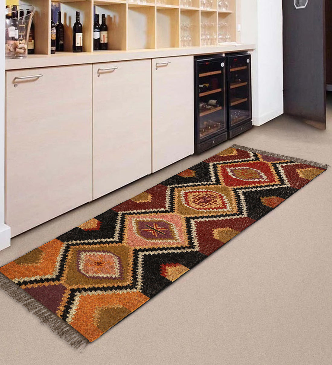 Vintage Handwoven Wool Jute Kilim Runner – Tribal Geometric Bohemian Style