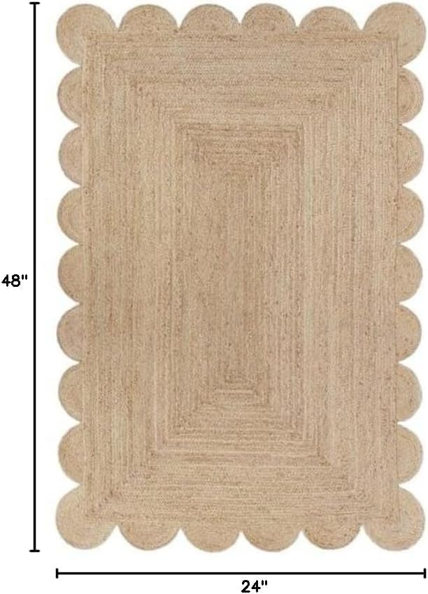 Handwoven Jute Rug – Scalloped Edge Rectangular Braided Decorative Rug