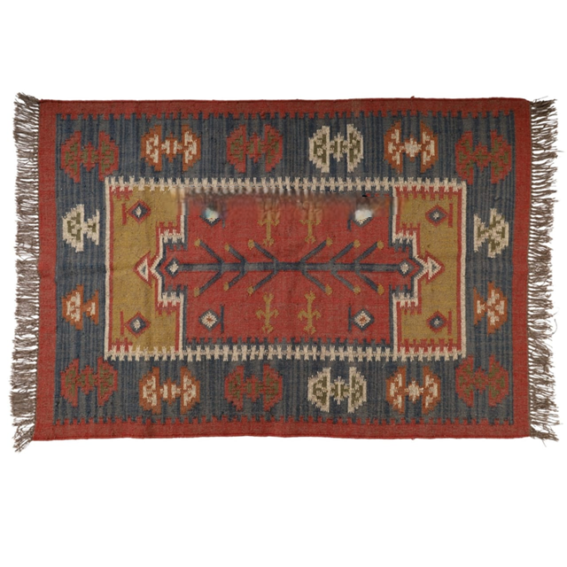 Traditional Rajasthani Wool Jute Kilim Rug – Handwoven Tribal Geometric Pattern in Rust, Mustard & Indigo