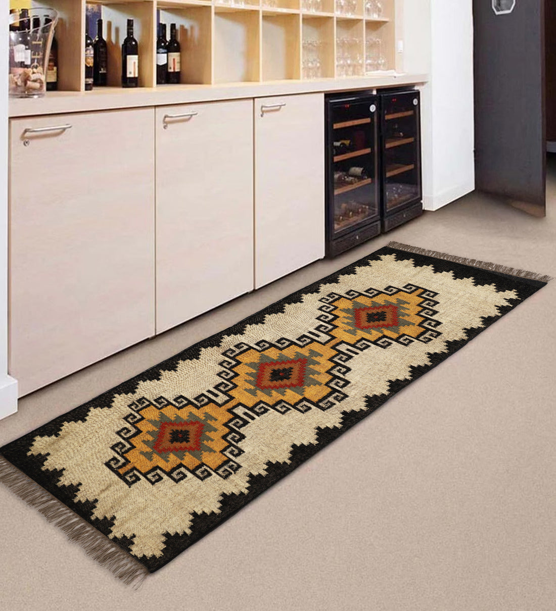 Handwoven Wool & Jute Kilim Runner – Traditional Indian Geometric Dhurrie