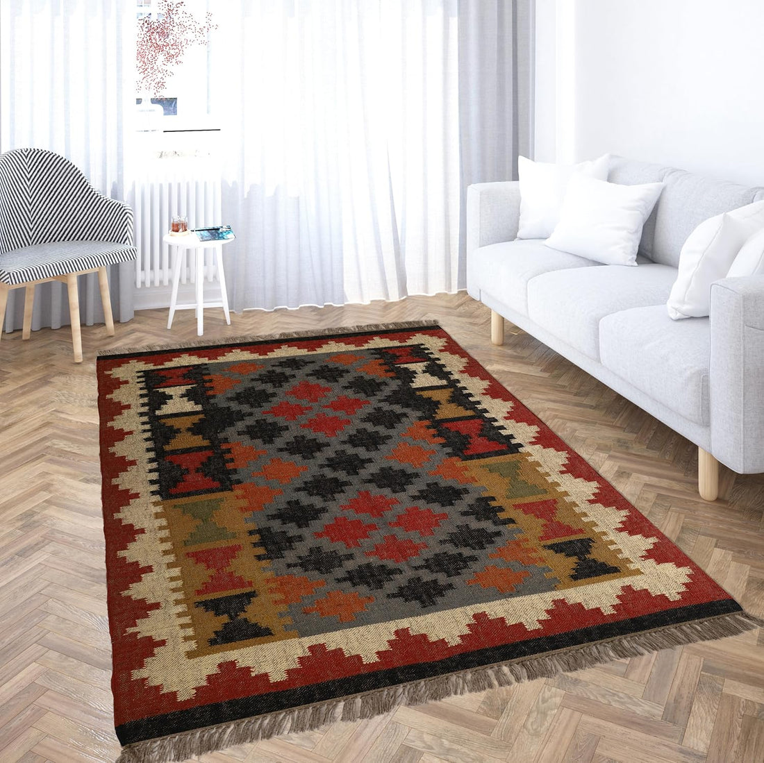 Handwoven Kilim Wool Jute Rug Geometric Pattern, Non-Slip, Versatile for Living, Bedroom & Kids Room