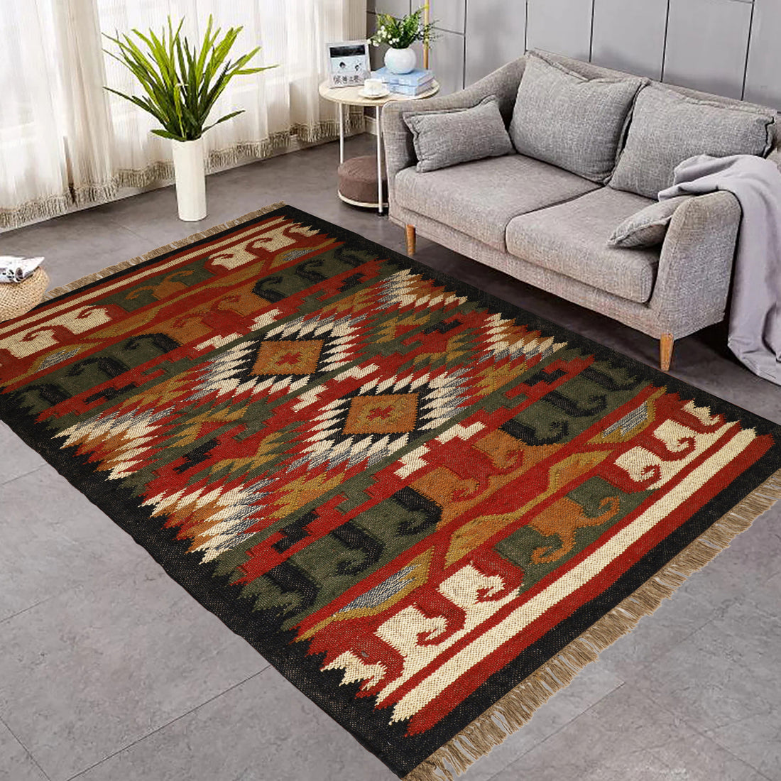 Organic Wool Jute Kilim Area Rug for Indian Traditional Interiors