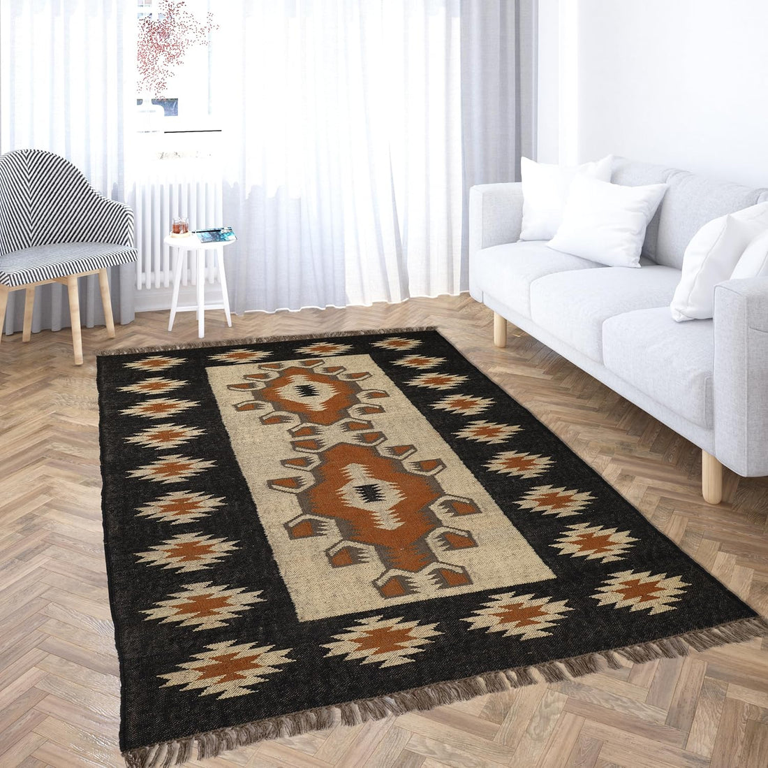 Handwoven Kilim Wool Jute Rug Geometric Pattern, Non-Slip, Versatile for Living, Bedroom & Kids Room