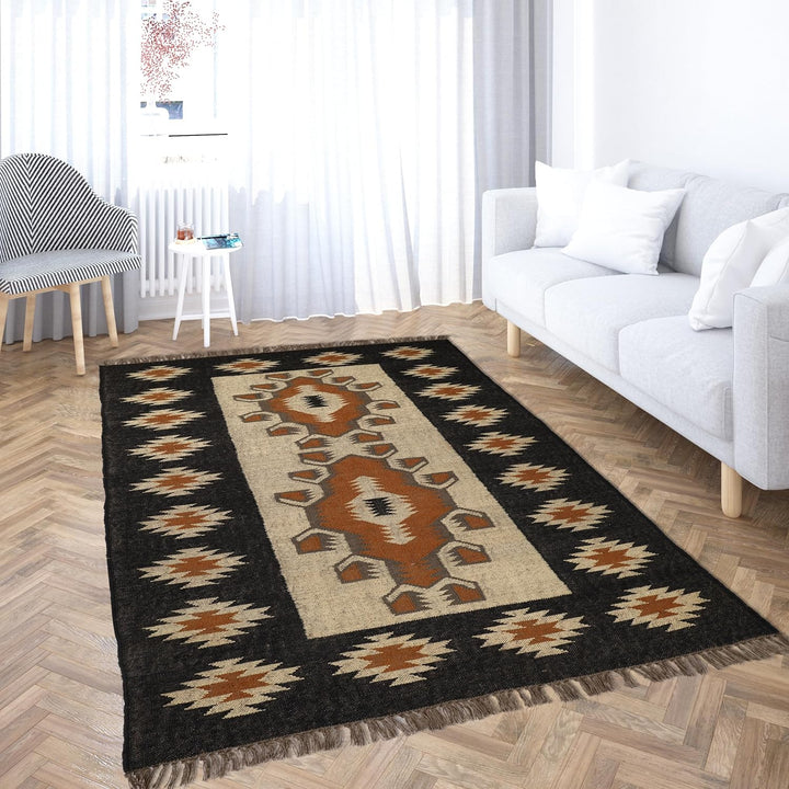 Handwoven Kilim Wool Jute Rug Geometric Pattern, Non-Slip, Versatile for Living, Bedroom & Kids Room
