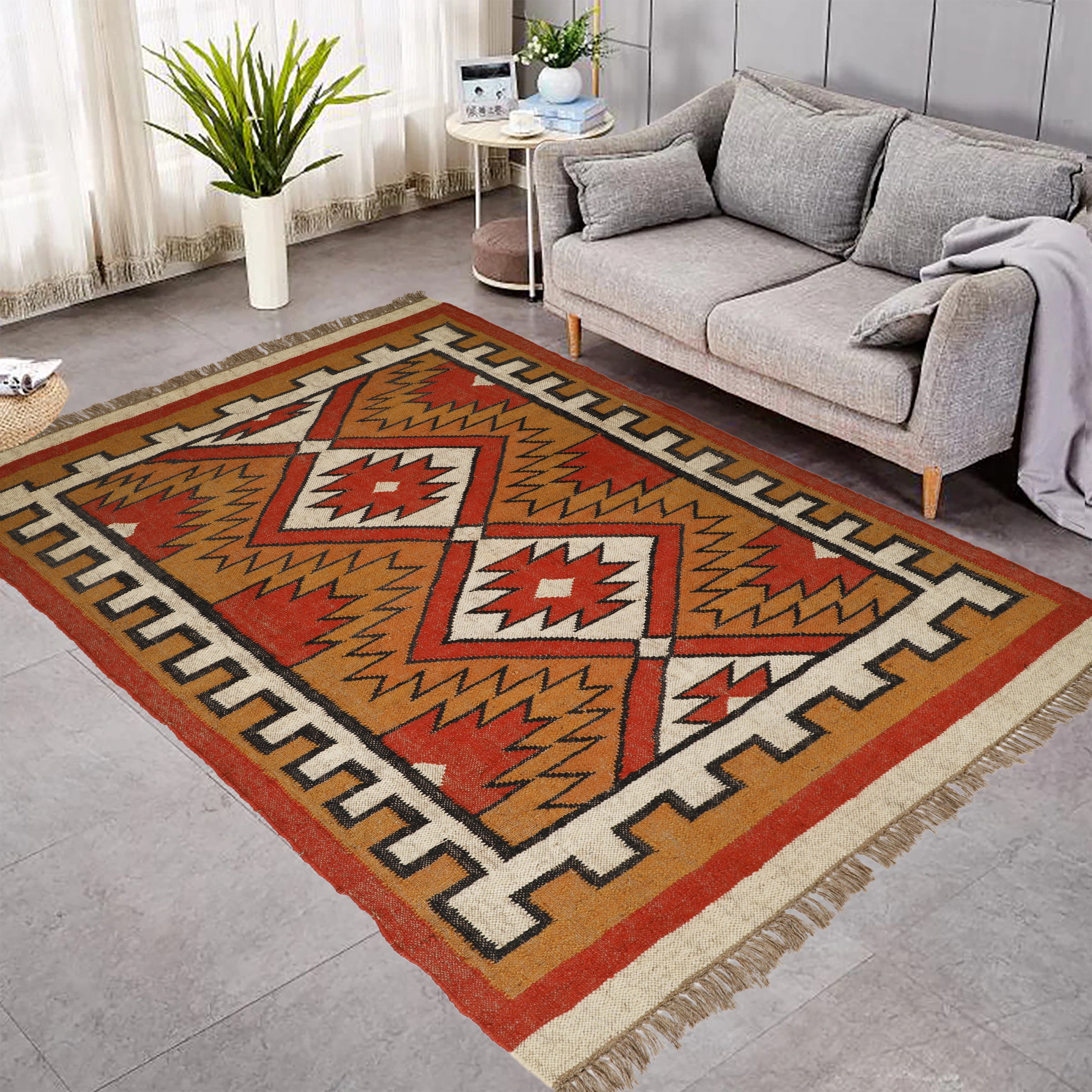 Handwoven Wool Jute Kilim Rug for Bohemian Dhurrie Interiors