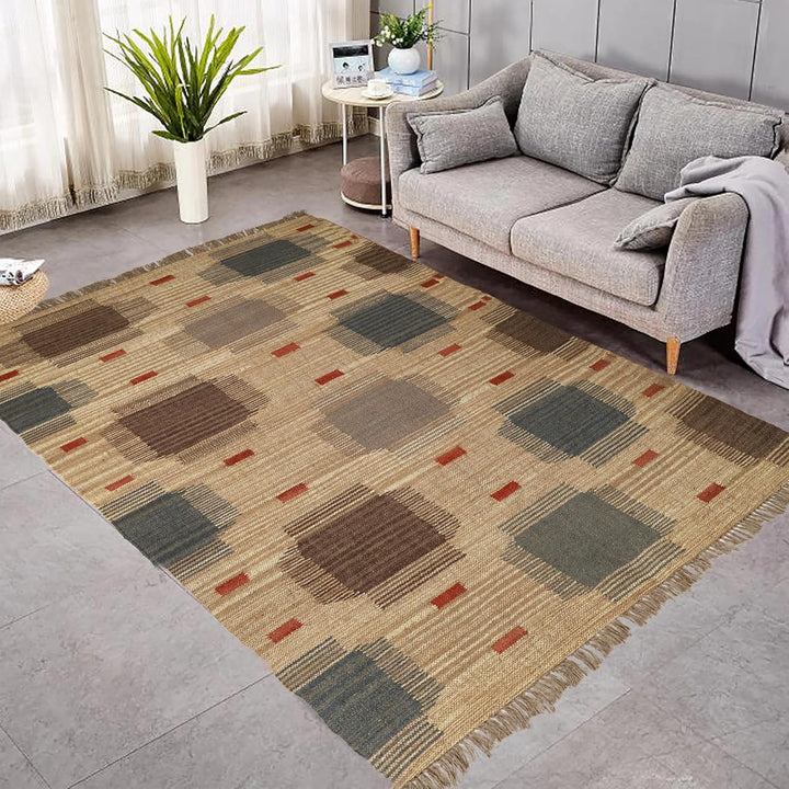 Handwoven Kilim Wool Jute Rug Geometric Pattern, Non-Slip, Versatile for Living, Bedroom & Kids Room