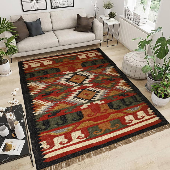 Handwoven Kilim Wool Jute Rug Geometric Pattern, Non-Slip, Versatile for Living, Bedroom & Kids Room