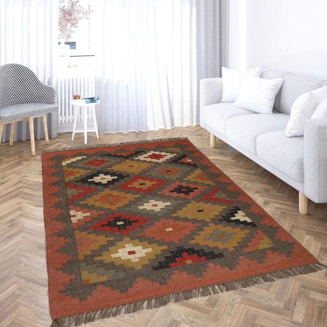 Handwoven Kilim Wool Jute Rug Geometric Pattern, Non-Slip, Versatile for Living, Bedroom & Kids Room