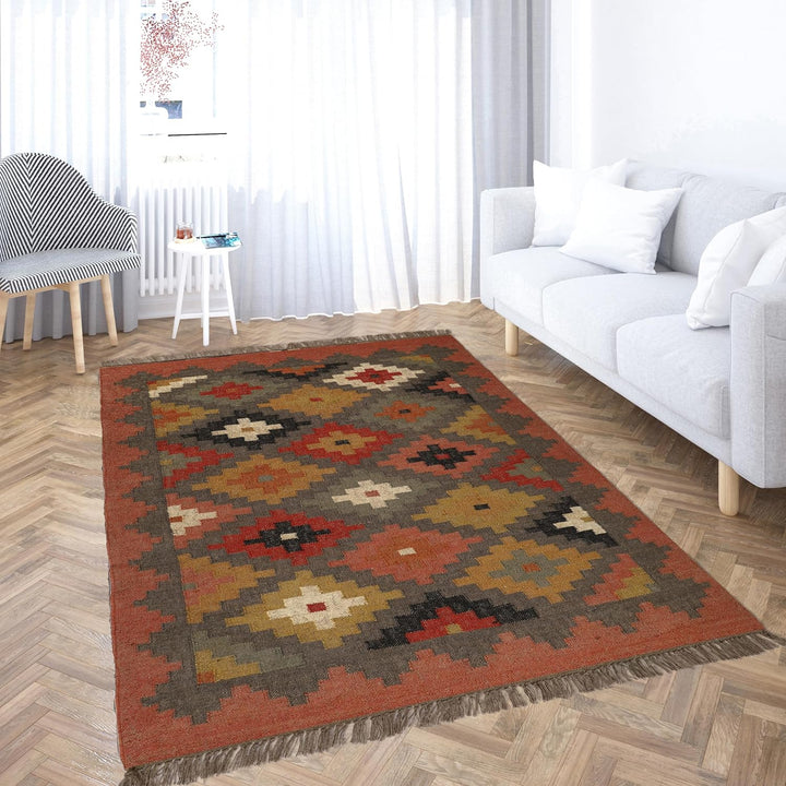Handwoven Kilim Wool Jute Rug Geometric Pattern, Non-Slip, Versatile for Living, Bedroom & Kids Room
