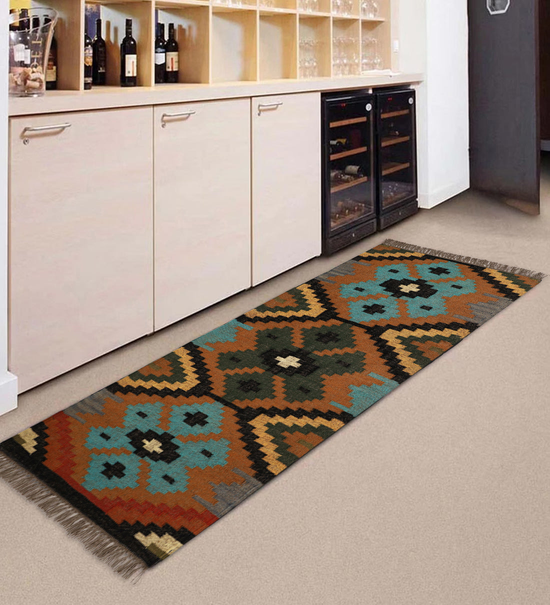 Boho Wool Jute Kilim Runner Rug – Handmade Geometric Pattern Hallway Runner