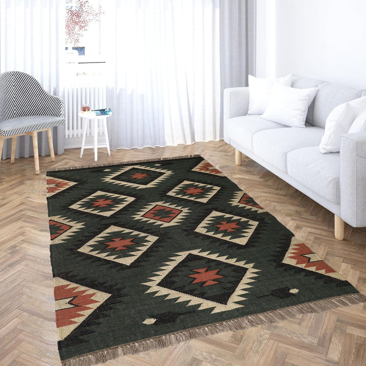 Handwoven Kilim Wool Jute Rug Geometric Pattern, Non-Slip, Versatile for Living, Bedroom & Kids Room