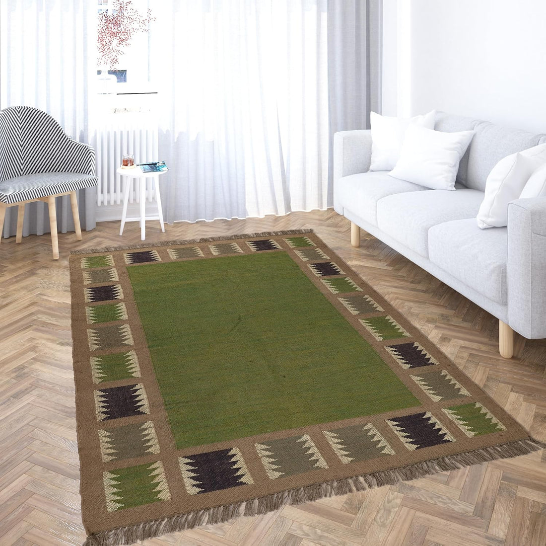 Handwoven Kilim Wool Jute Rug Geometric Pattern, Non-Slip, Versatile for Living, Bedroom & Kids Room