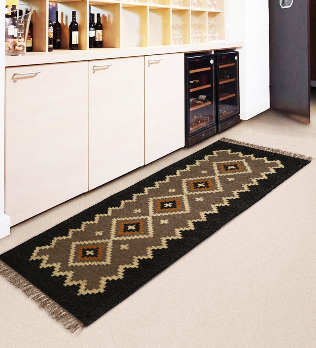 Handwoven Wool Jute Kilim Runner – Oriental Indian Geometric Dhurrie Style