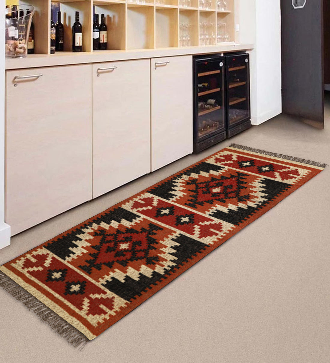 Handwoven Wool Jute Kilim Runner – Oriental Indian Geometric Motifs