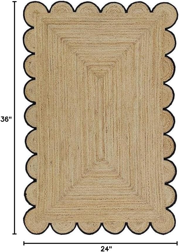 Handwoven Jute Rug – Scalloped Edge Rectangular Braided Decorative Rug
