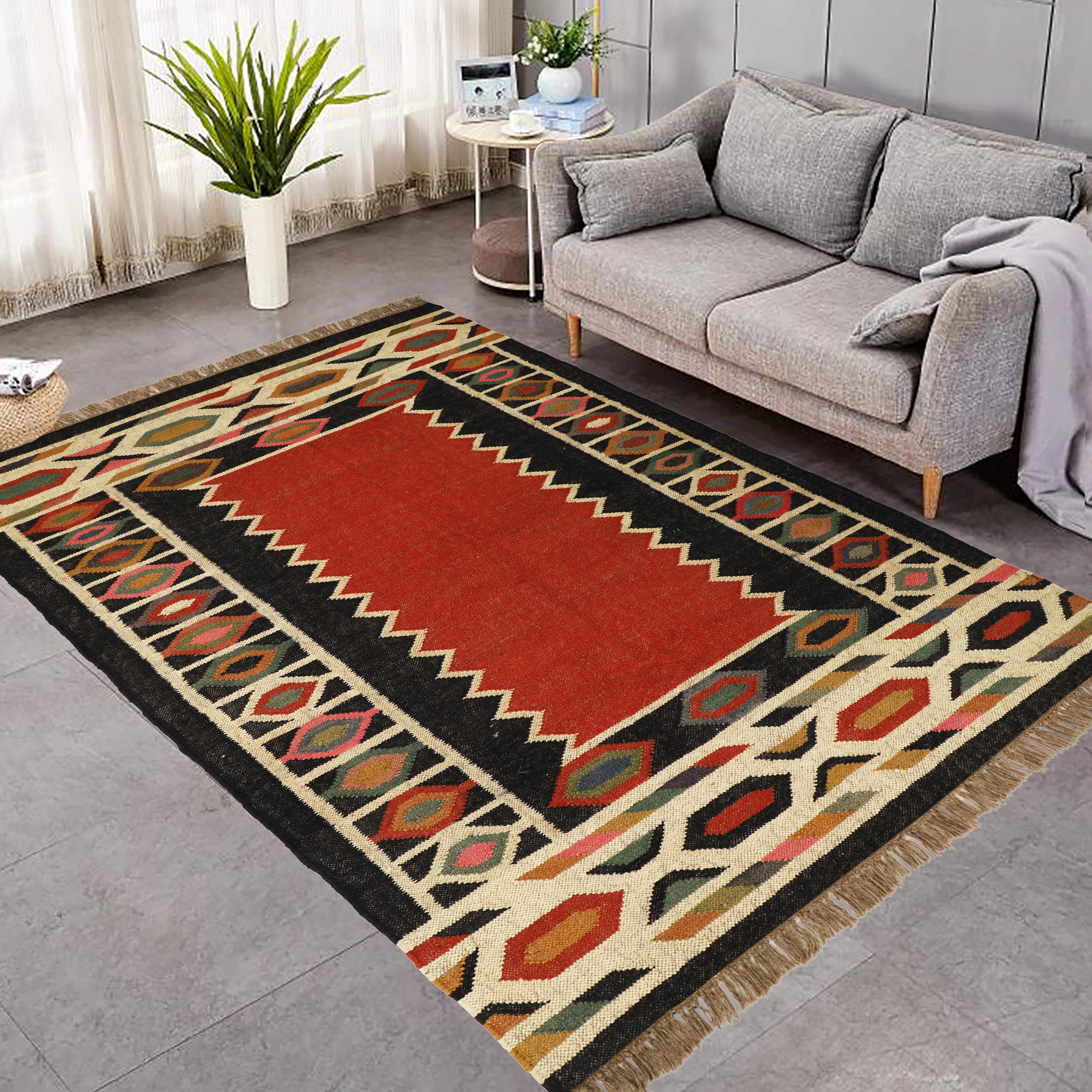 Handwoven Wool & Jute Kilim Rug for Red & Black Traditional Indian Interiors
