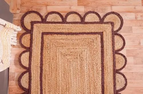 Scalloped Edge Hand Braided Jute Rectangle Rug with Custom Color Border