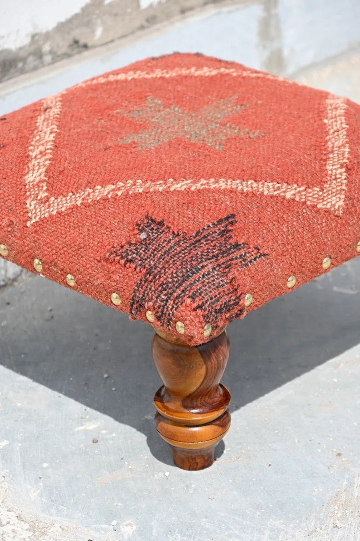 Handmade Terracotta Red Kilim Ottoman Footstool | Wool Jute Upholstered Tribal Accent Stool with Solid Wooden Legs
